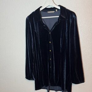 Soft Surroundings Blue Velvet Gold Button Down Tunic Top Size XL Boho Artsy Luxe